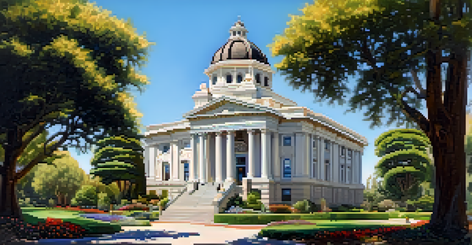 A view of the San Mateo County Historic Courthouse with its dome and gardens, surrounded by flowers and greenery under a clear sky.