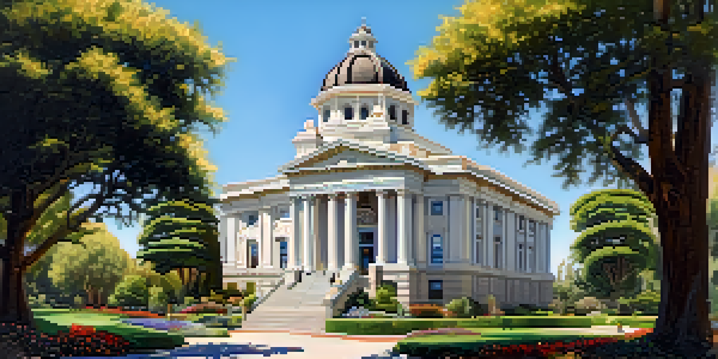 A view of the San Mateo County Historic Courthouse with its dome and gardens, surrounded by flowers and greenery under a clear sky.