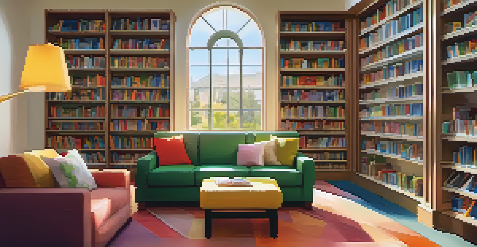 A cozy reading nook in a library with a family reading together, surrounded by colorful bookshelves and warm lighting.