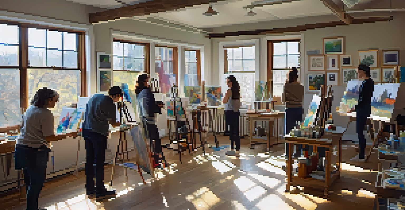 A cozy workshop where local artists are teaching students about painting, surrounded by art supplies and brightly lit by natural sunlight.