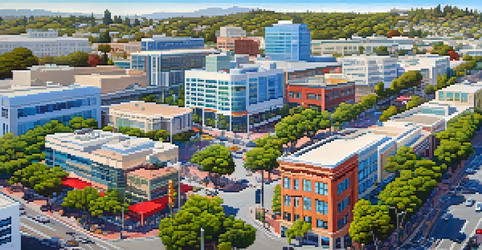A panoramic view of Redwood City's downtown area with modern buildings, colorful storefronts, and the Santa Cruz Mountains in the background.