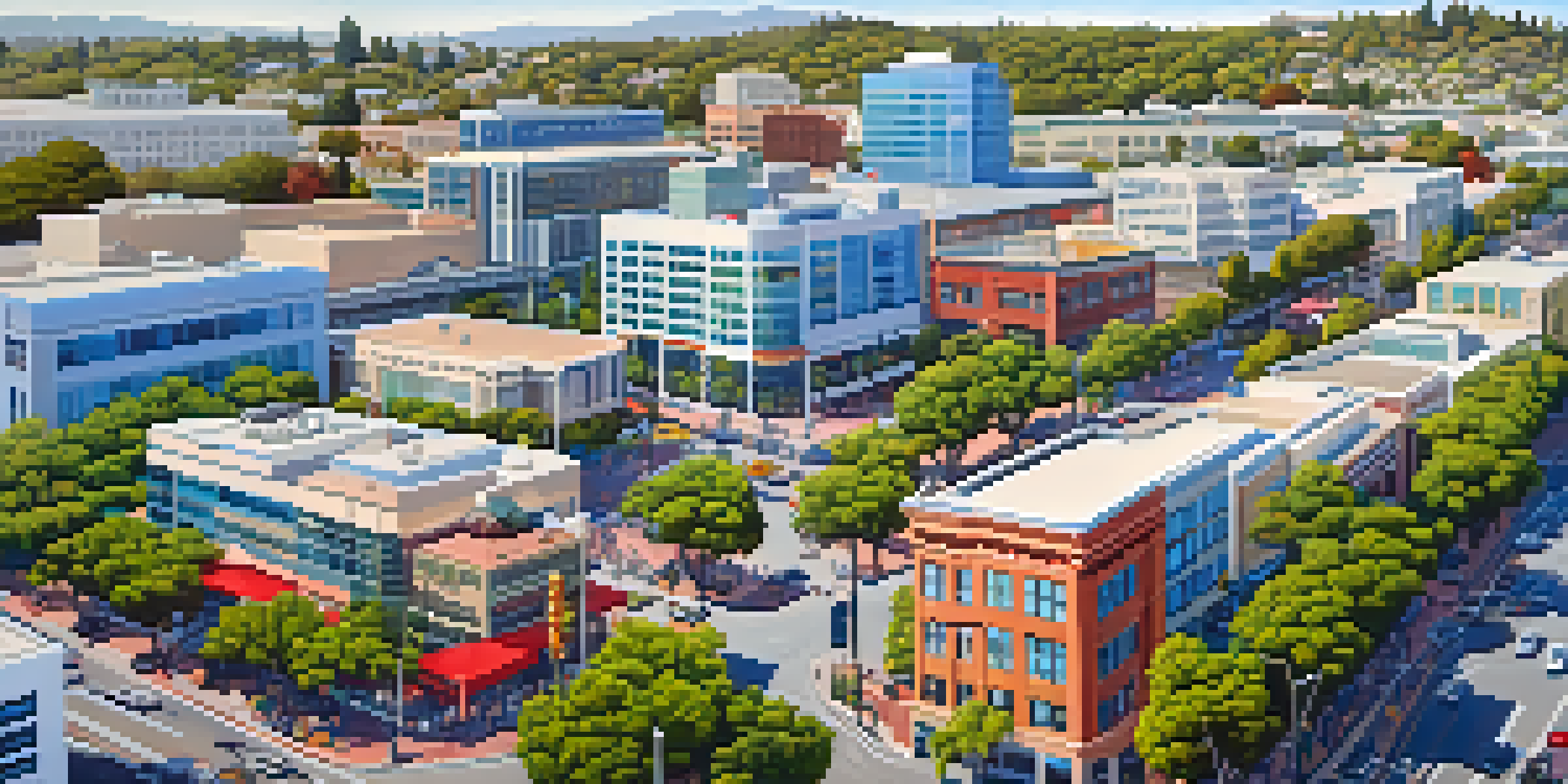A panoramic view of Redwood City's downtown area with modern buildings, colorful storefronts, and the Santa Cruz Mountains in the background.