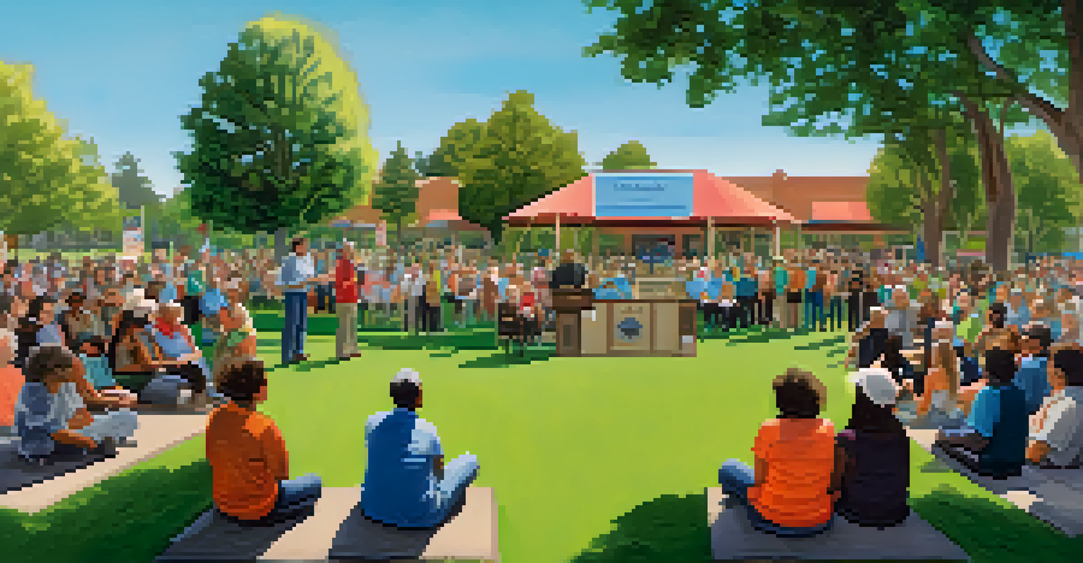 Community members gathered for a town hall meeting in a park in Redwood City, engaging in discussion under a blue sky.