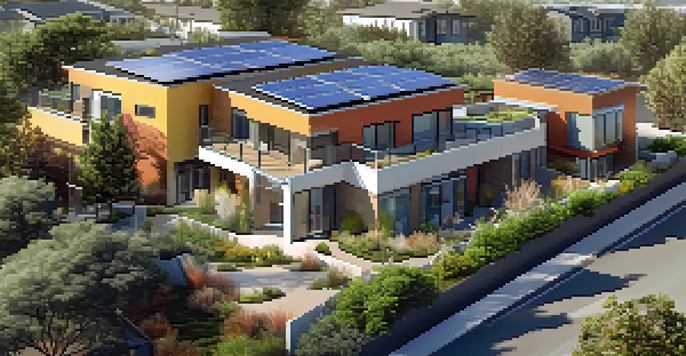A modern sustainable housing development with solar panels, green roofs, and vibrant landscaping in Redwood City.