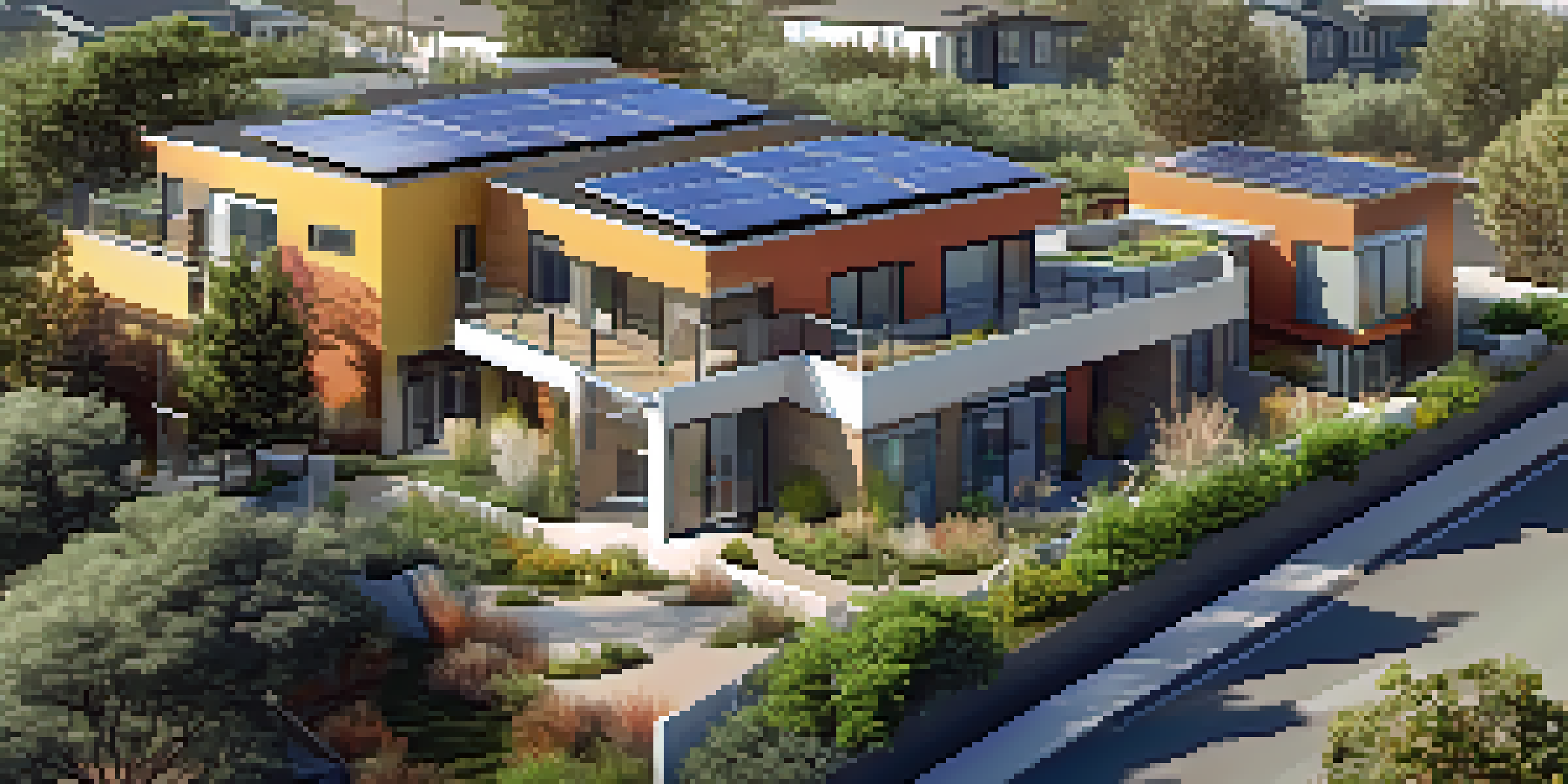 A modern sustainable housing development with solar panels, green roofs, and vibrant landscaping in Redwood City.