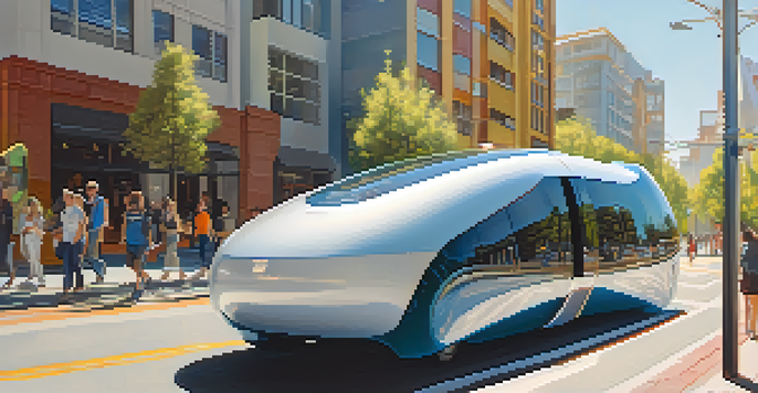 A modern self-driving car on a busy street in Redwood City, surrounded by pedestrians and urban buildings, with sunlight illuminating the scene.