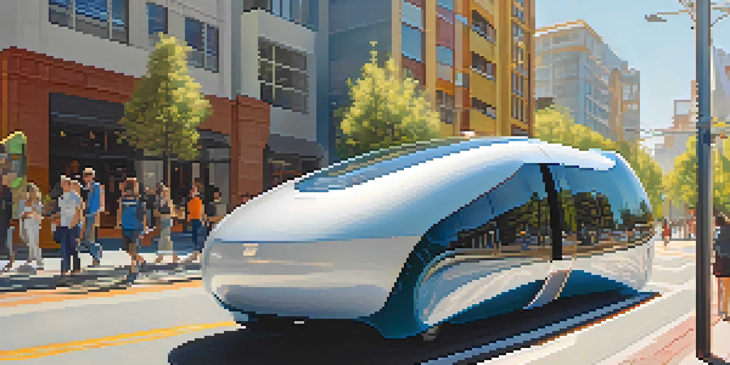 A modern self-driving car on a busy street in Redwood City, surrounded by pedestrians and urban buildings, with sunlight illuminating the scene.