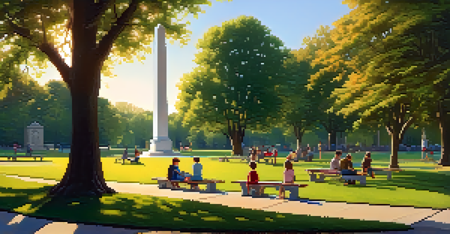 A peaceful park featuring a historical monument, with families enjoying picnics and children playing under the warm glow of sunset.