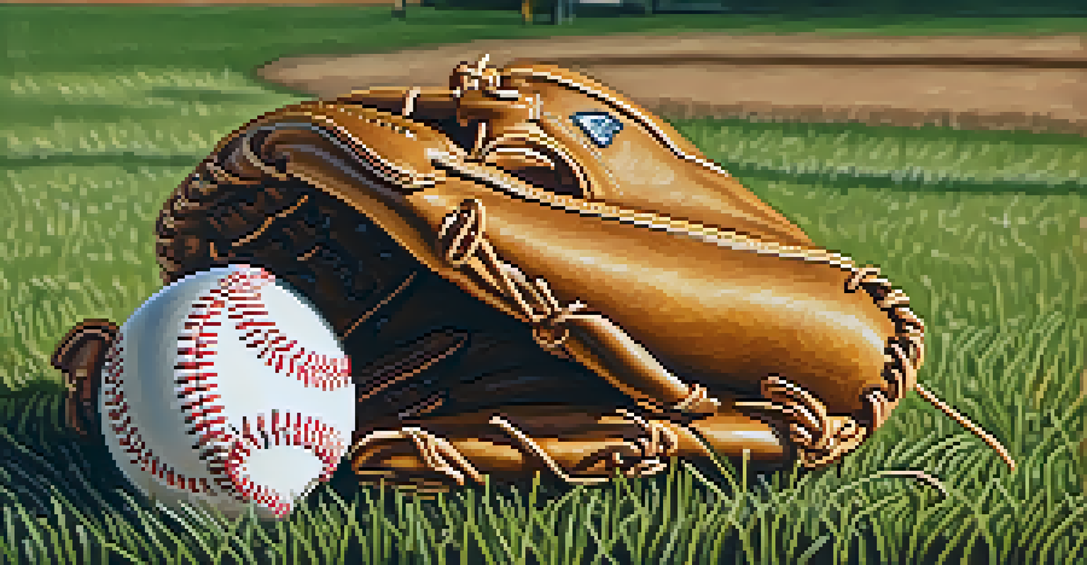 A close-up of a baseball glove and ball on the grass, with players practicing in the background, illuminated by warm sunlight.