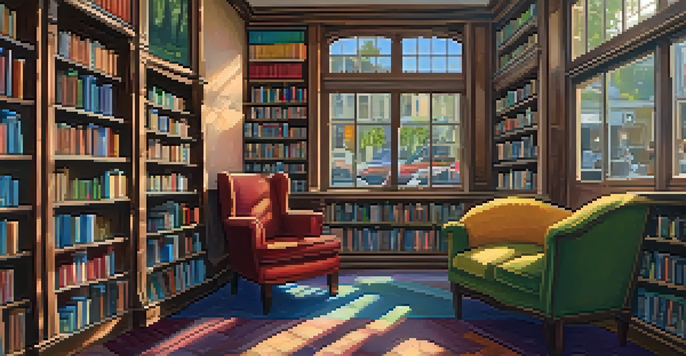 A cozy local bookstore with shelves of colorful books and a plush reading nook, alongside a window showing a lively street outside.