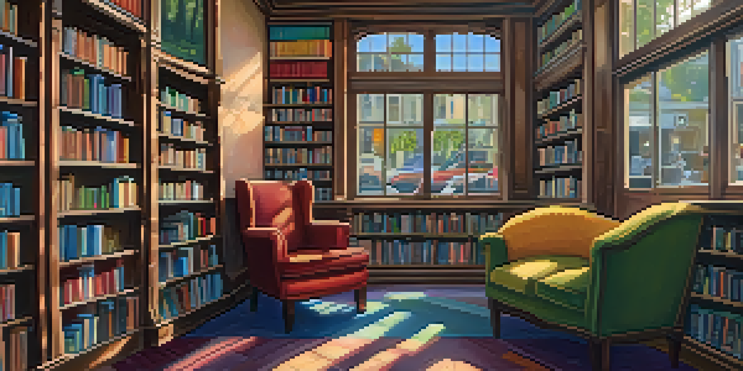 A cozy local bookstore with shelves of colorful books and a plush reading nook, alongside a window showing a lively street outside.