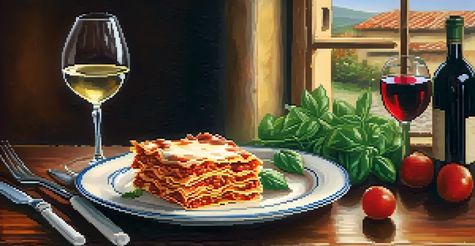 A rustic Italian restaurant table with a plate of lasagna, decorated with basil, and warm lighting.