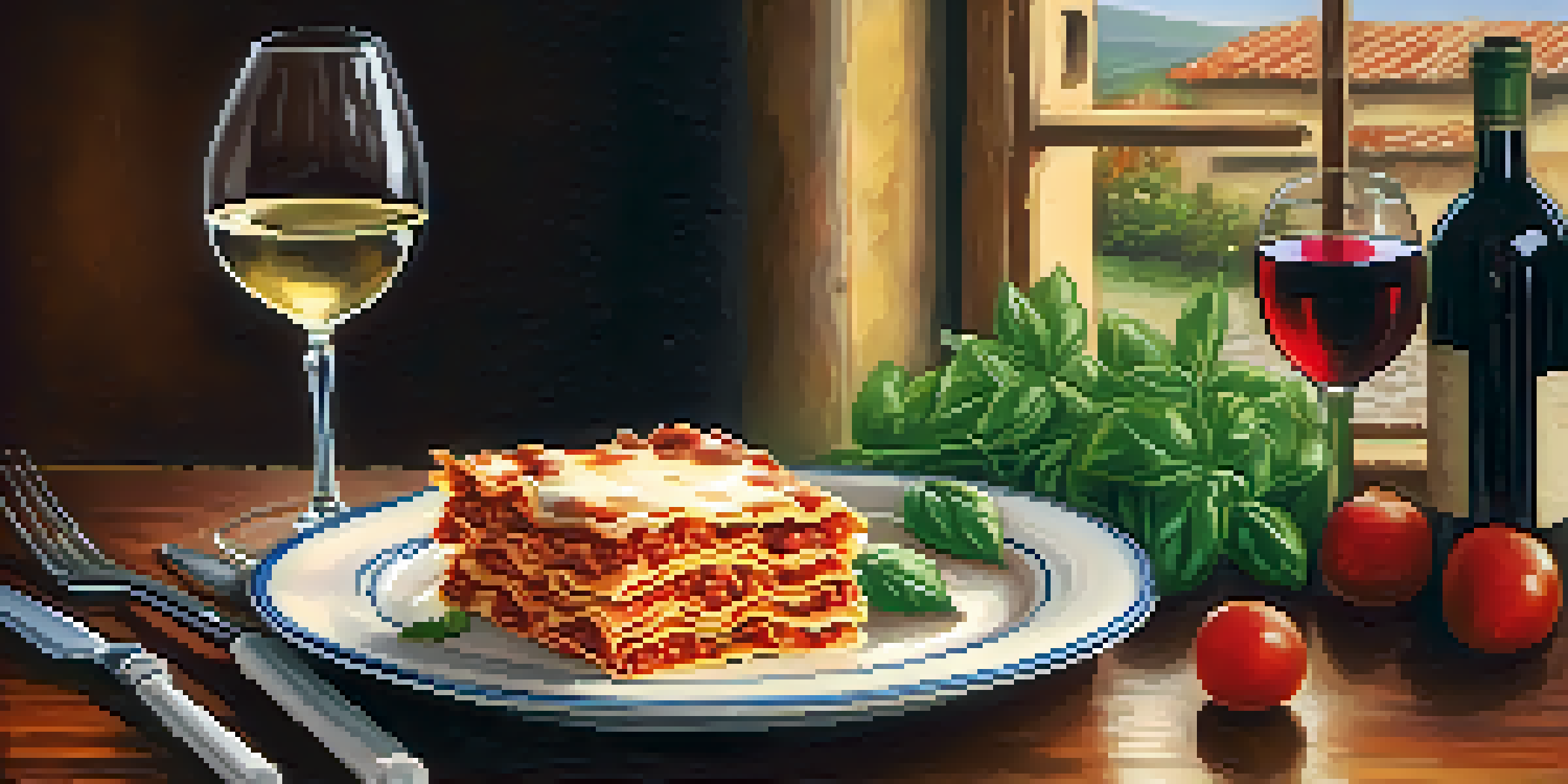 A rustic Italian restaurant table with a plate of lasagna, decorated with basil, and warm lighting.