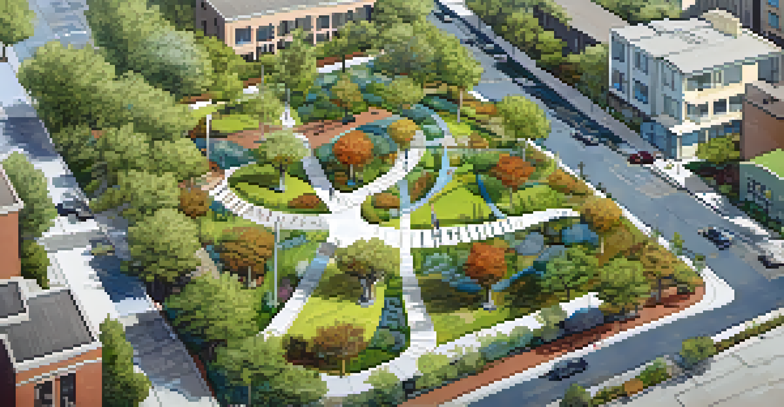 Aerial view of Redwood City's green infrastructure, highlighting rain gardens and community gardens.