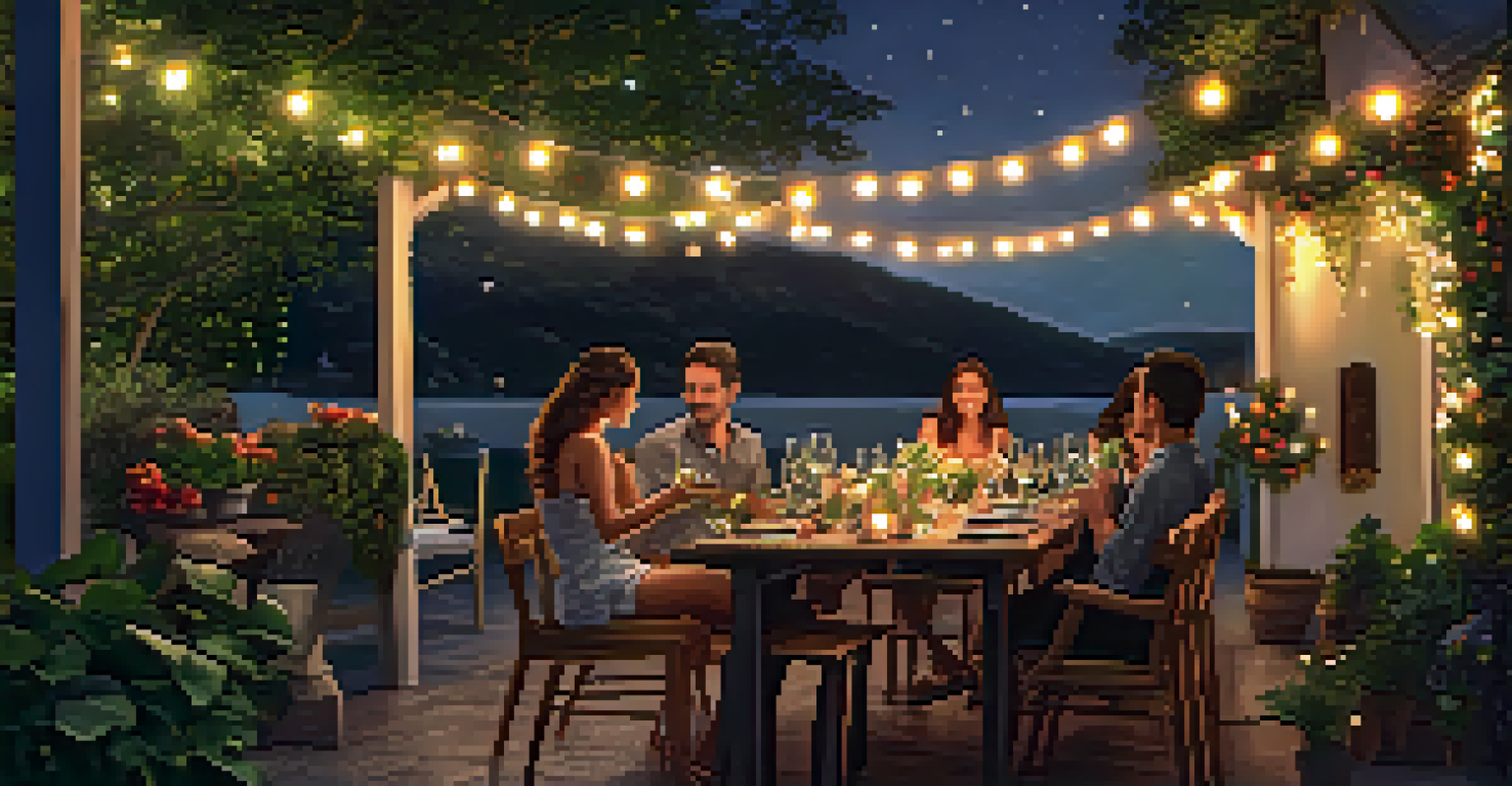 A romantic outdoor dining setup with fairy lights and a couple enjoying seasonal dishes under the stars.