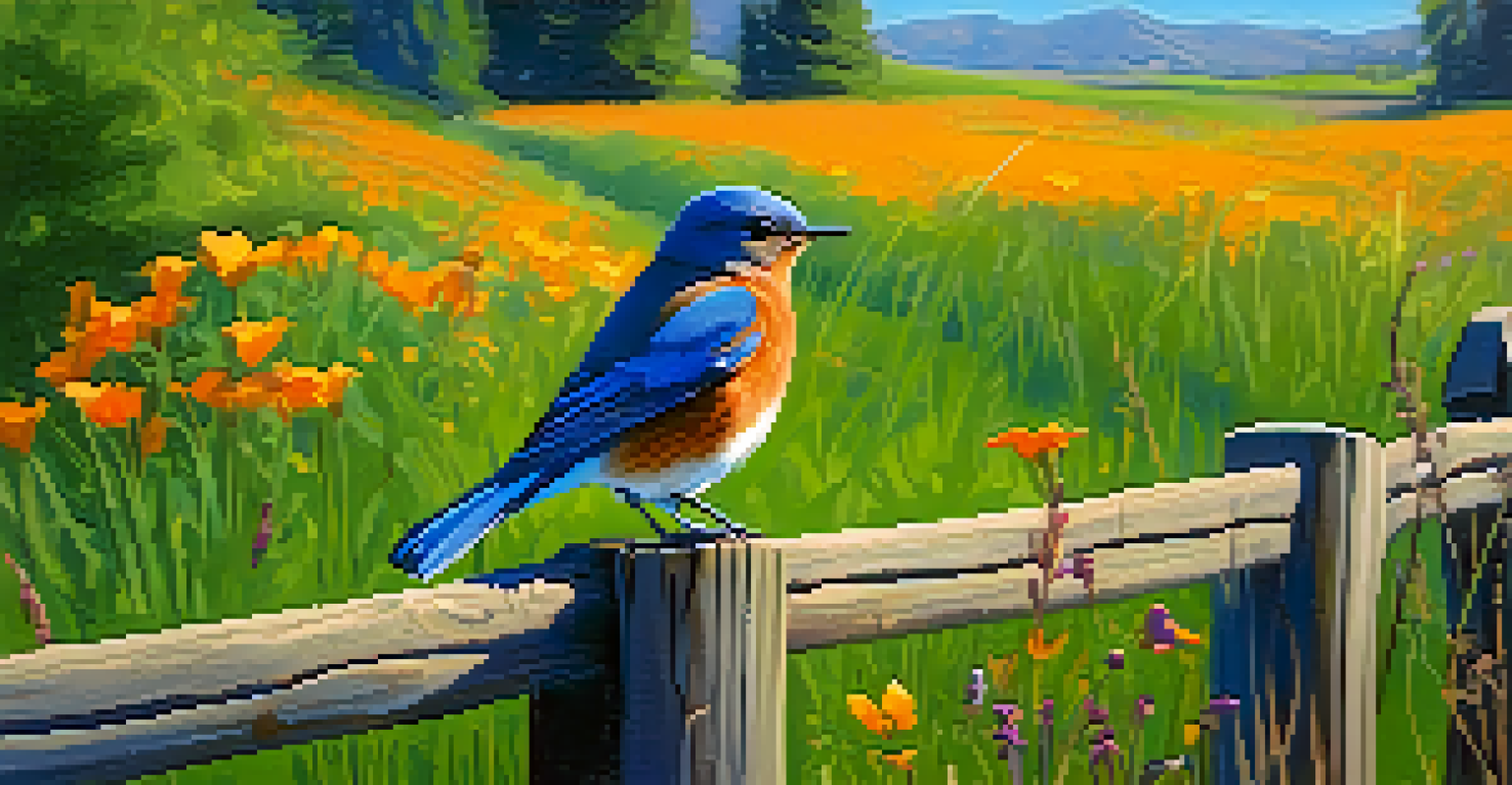 A Western Bluebird perched on a fence post in a spring landscape filled with green grass and wildflowers.
