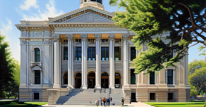 A historic courthouse with grand architecture surrounded by trees, sunlight filtering through the leaves.