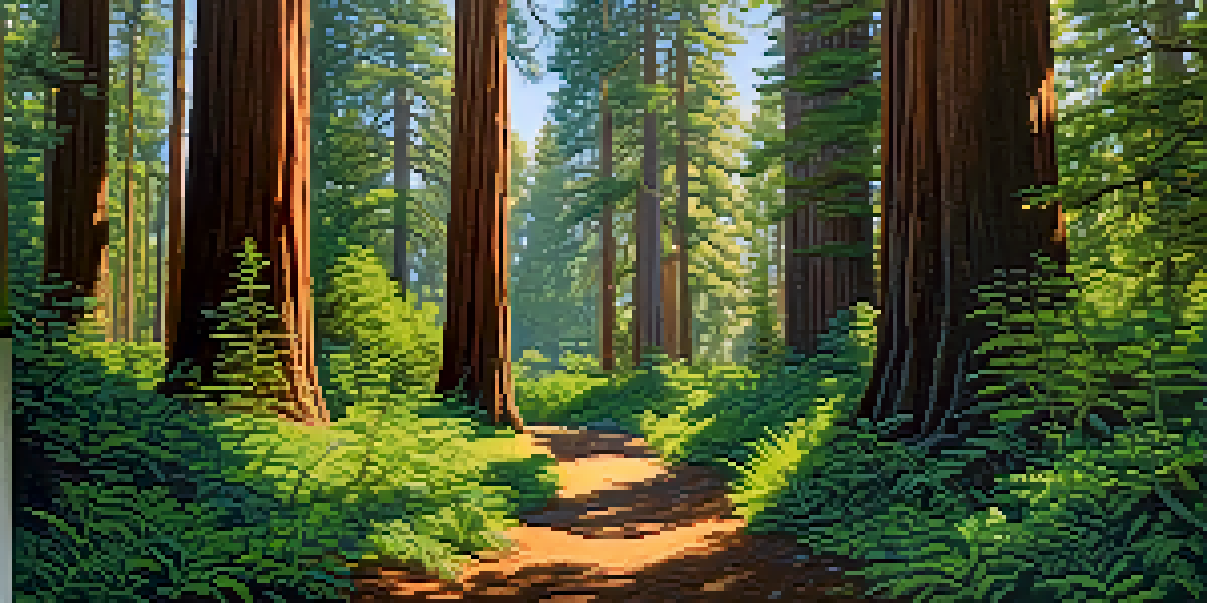 A tranquil scene of towering redwood trees with sunlight filtering through the leaves, casting shadows on a forest path.
