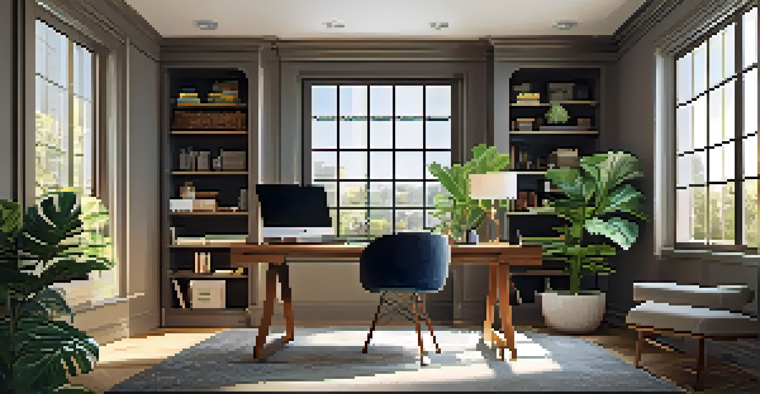 A stylish home office in an apartment, with a desk, laptop, plants, and natural light coming through a window.