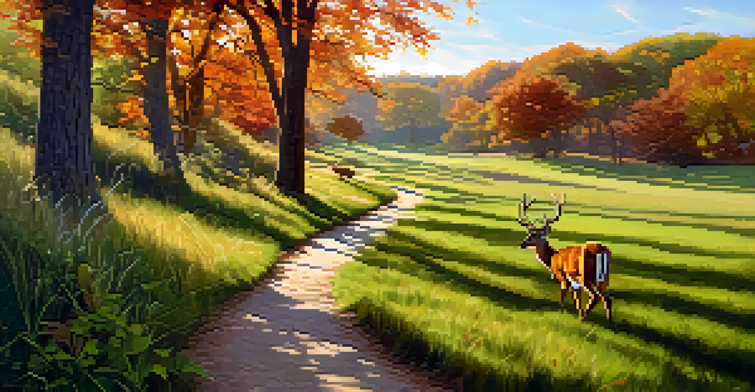 A picturesque trail in Edgewood Park with a grazing deer and a soaring hawk, surrounded by colorful autumn foliage.