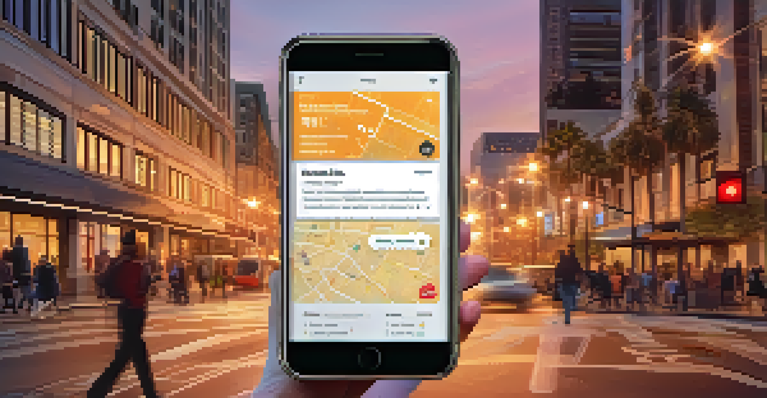 A smartphone displaying Redwood City's mobile app with city notifications, set on a busy street during sunset.