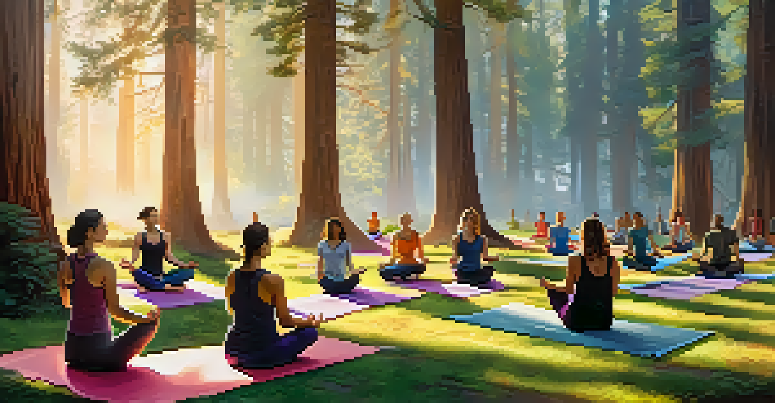 Participants practicing yoga in Edgewood Park surrounded by redwood trees during sunrise.