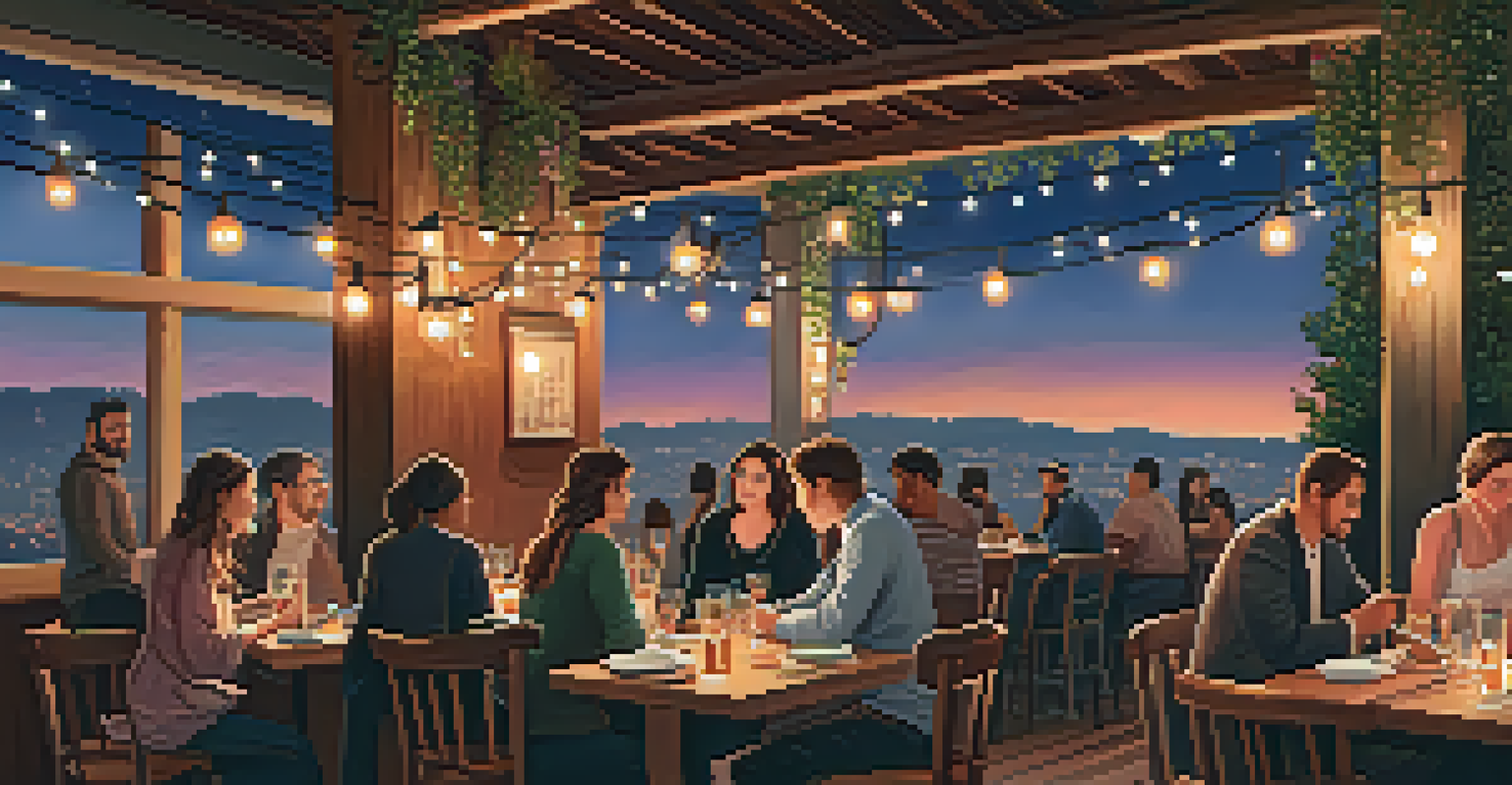 A cozy rooftop dining area at Taverna with Mediterranean dishes and twinkling lights, overlooking the skyline at twilight.