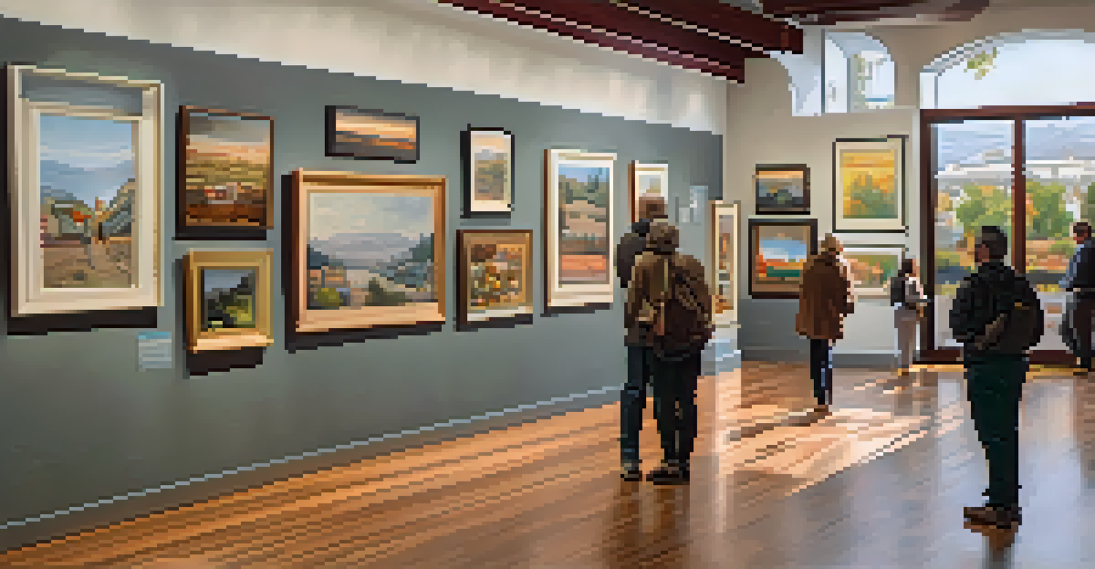 An inviting art gallery in Redwood City filled with paintings and sculptures, with visitors exploring the artwork and a view of the city outside.