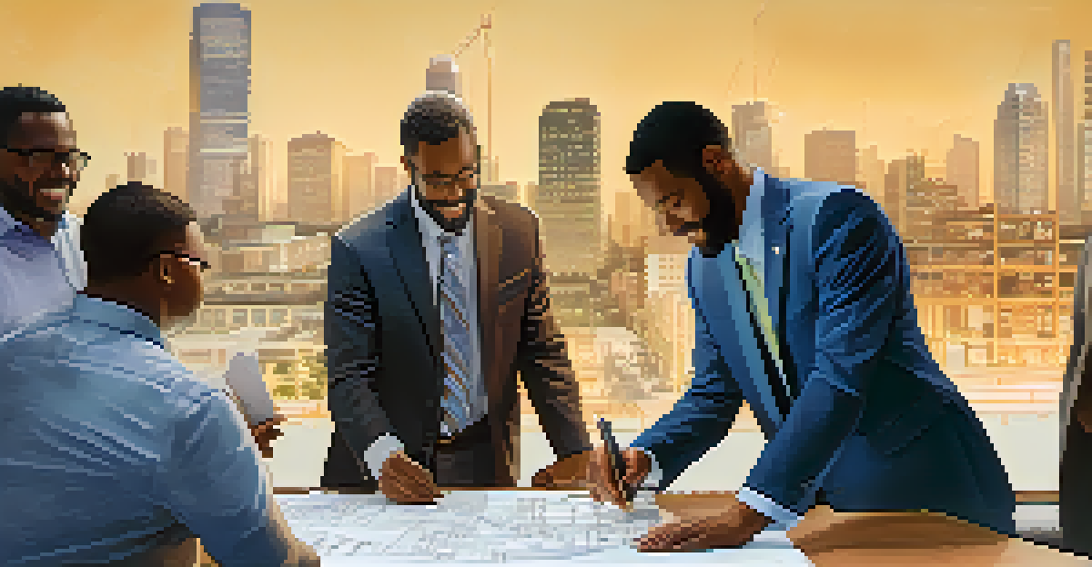 A collaborative meeting featuring city officials, non-profit representatives, and community members discussing housing initiatives with blueprints on the table.