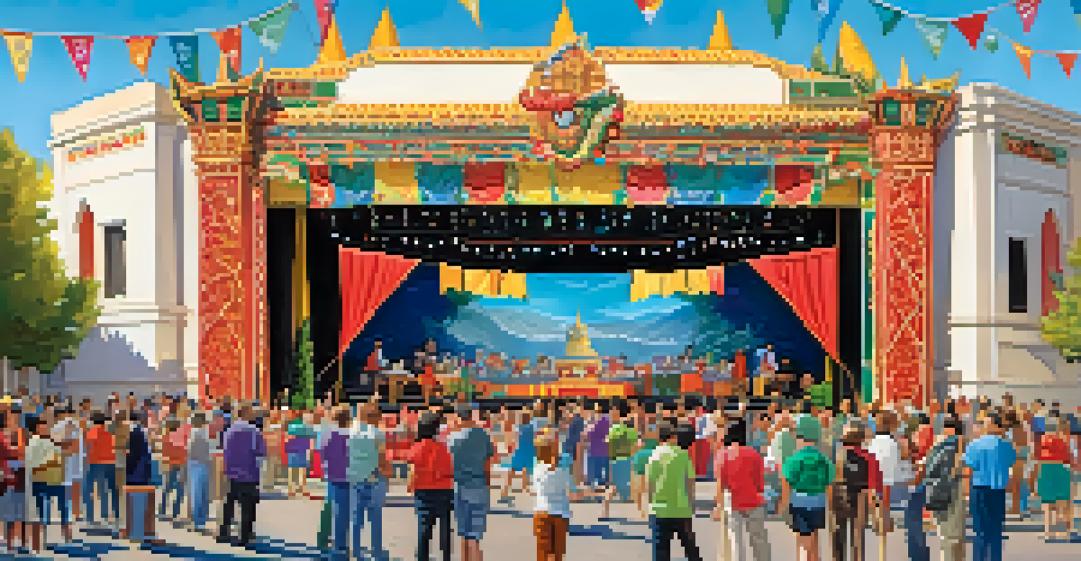 The Dragon Theatre during a lively community event, showcasing people interacting and enjoying performances under a bright blue sky.
