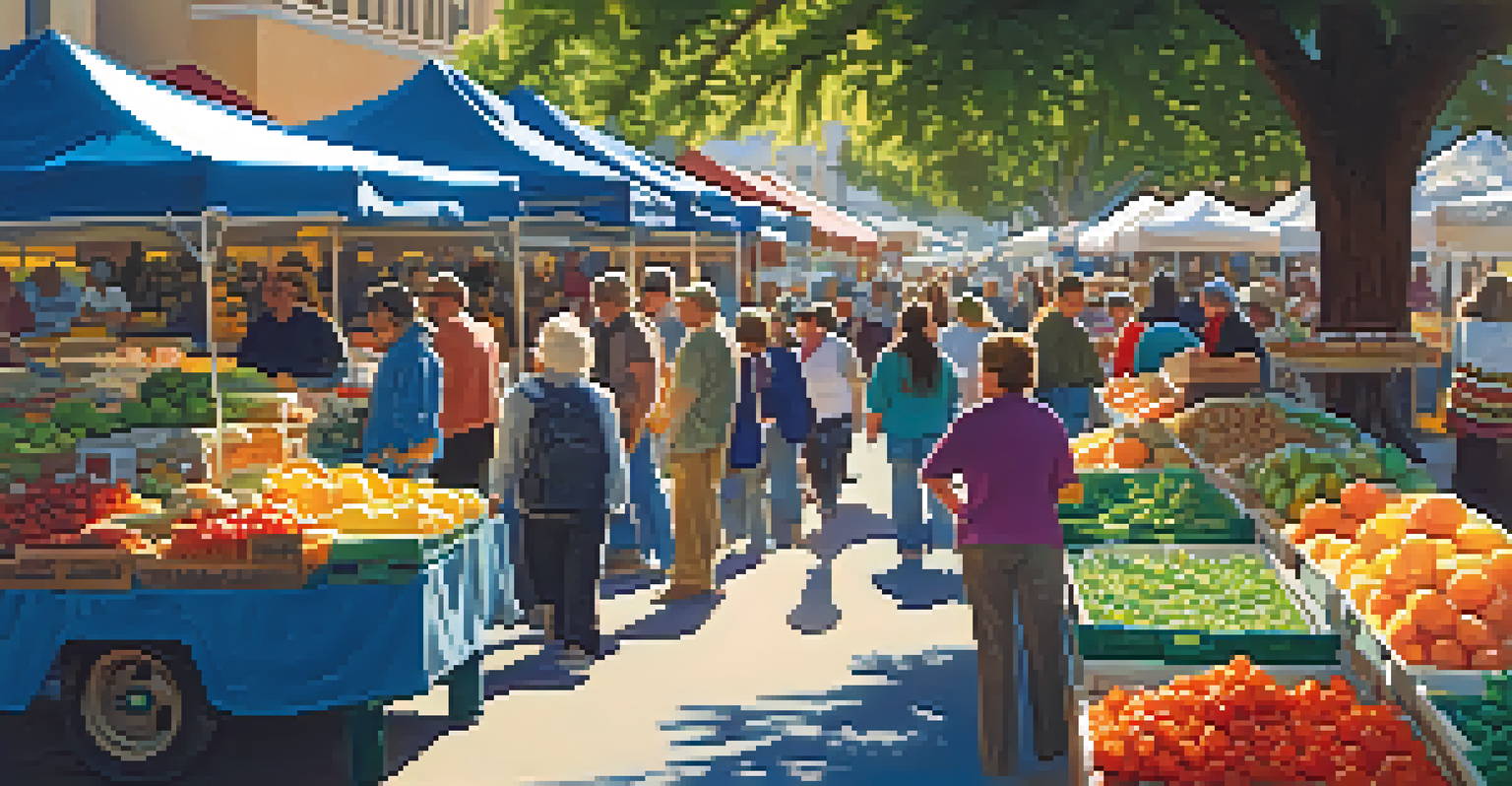 A busy farmer's market in Redwood City featuring local artisans and fresh produce, showcasing community engagement and cultural richness.