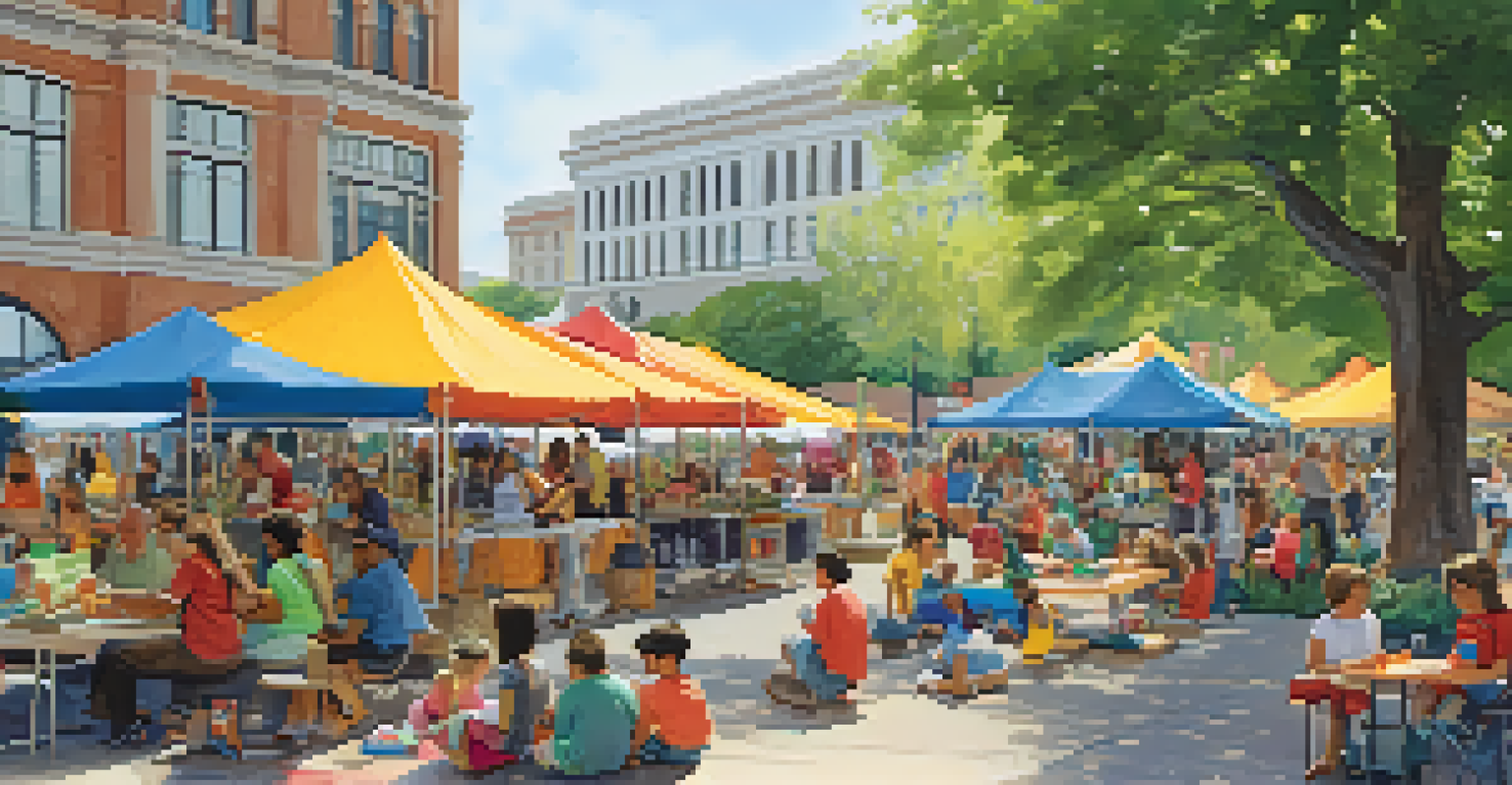 Families enjoying a community event at Civic Center Plaza, with food stalls and children playing.