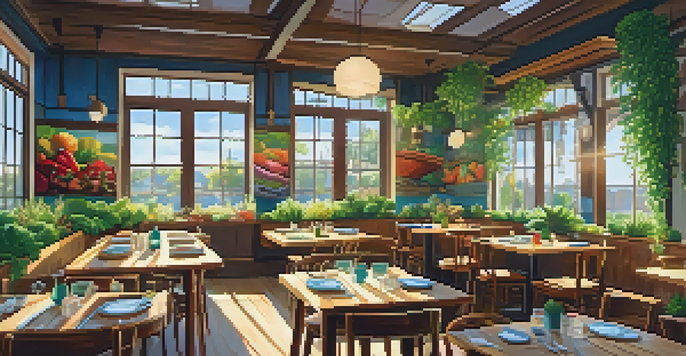 A cozy vegan restaurant with wooden tables and colorful plant-based dishes, illuminated by sunlight through large windows.