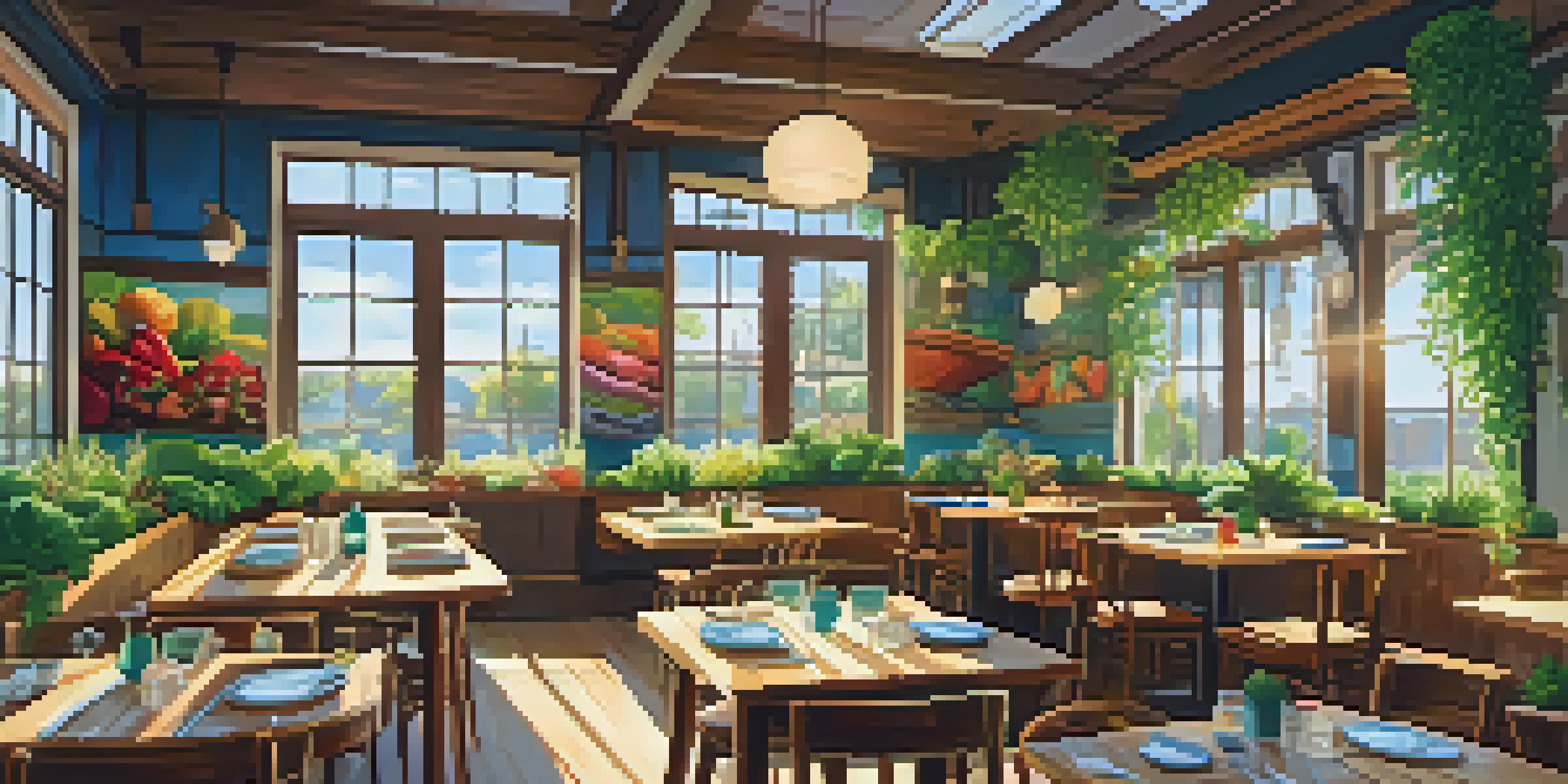 A cozy vegan restaurant with wooden tables and colorful plant-based dishes, illuminated by sunlight through large windows.