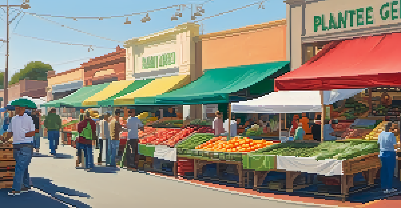 A lively farmer's market in Redwood City, featuring stalls of fresh produce and a banner promoting plant-based living.