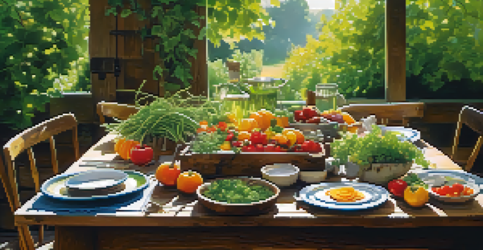 An outdoor dining setup with a wooden table showcasing colorful seasonal dishes made from local ingredients, surrounded by greenery and dappled sunlight.