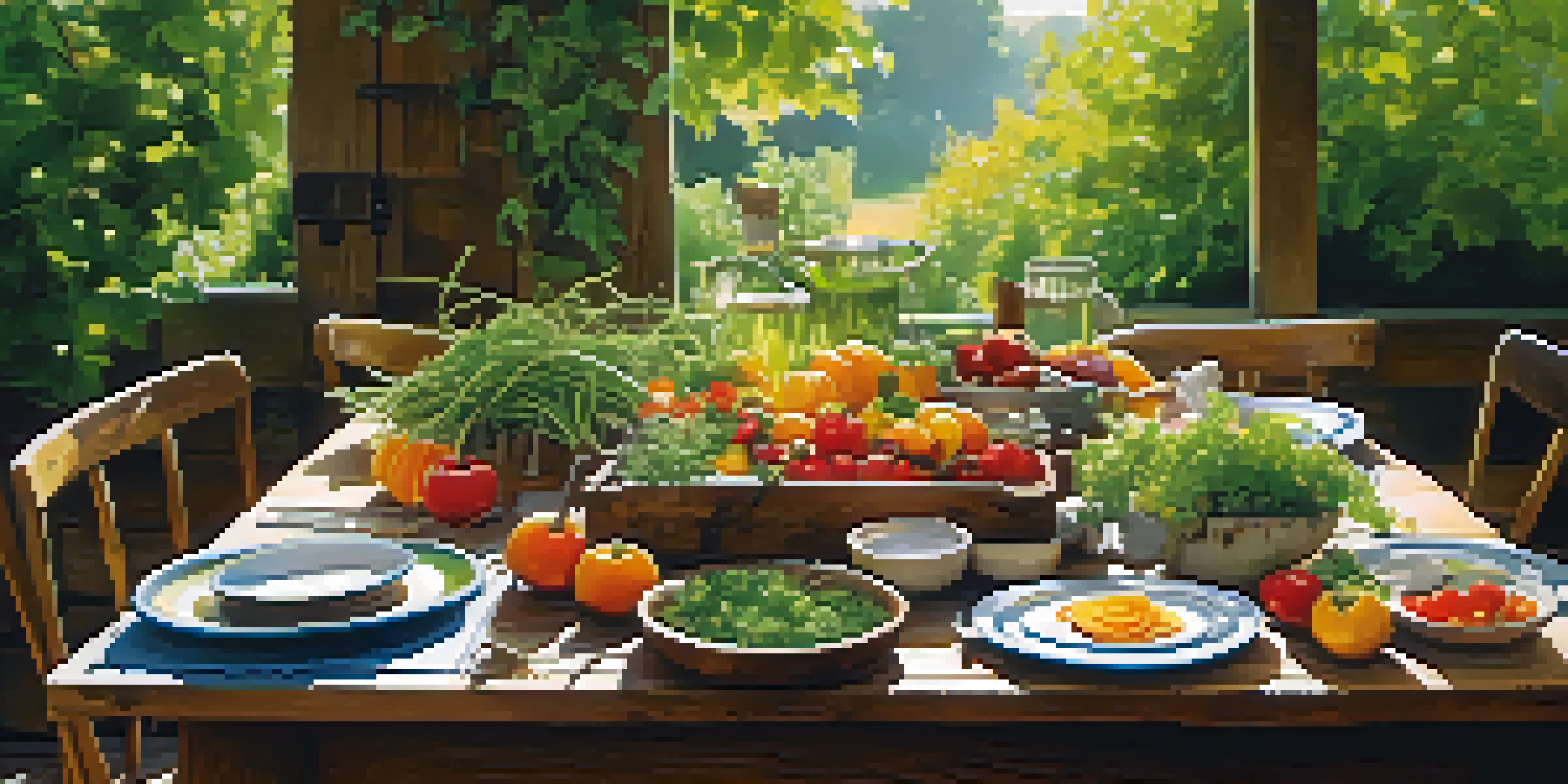 An outdoor dining setup with a wooden table showcasing colorful seasonal dishes made from local ingredients, surrounded by greenery and dappled sunlight.