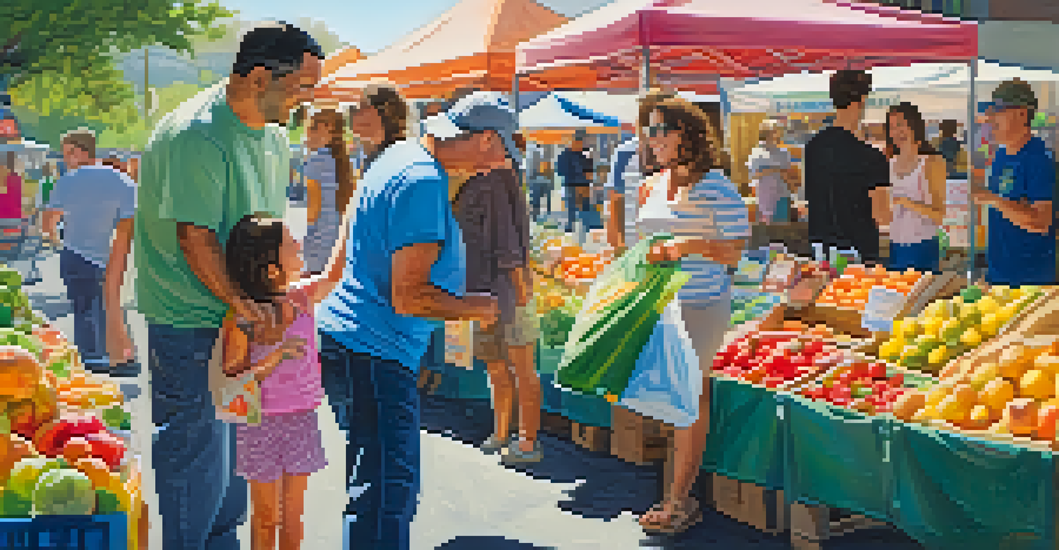 A family at a farmers' market, with a mother and child choosing fresh fruits from a vendor, while the father holds a reusable shopping bag, surrounded by a lively atmosphere.