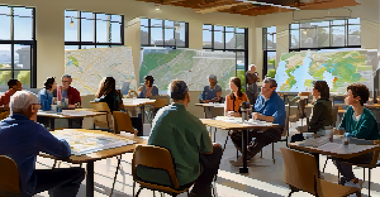Residents of Redwood City participating in a community workshop on public transit improvements, with maps and charts on the tables.