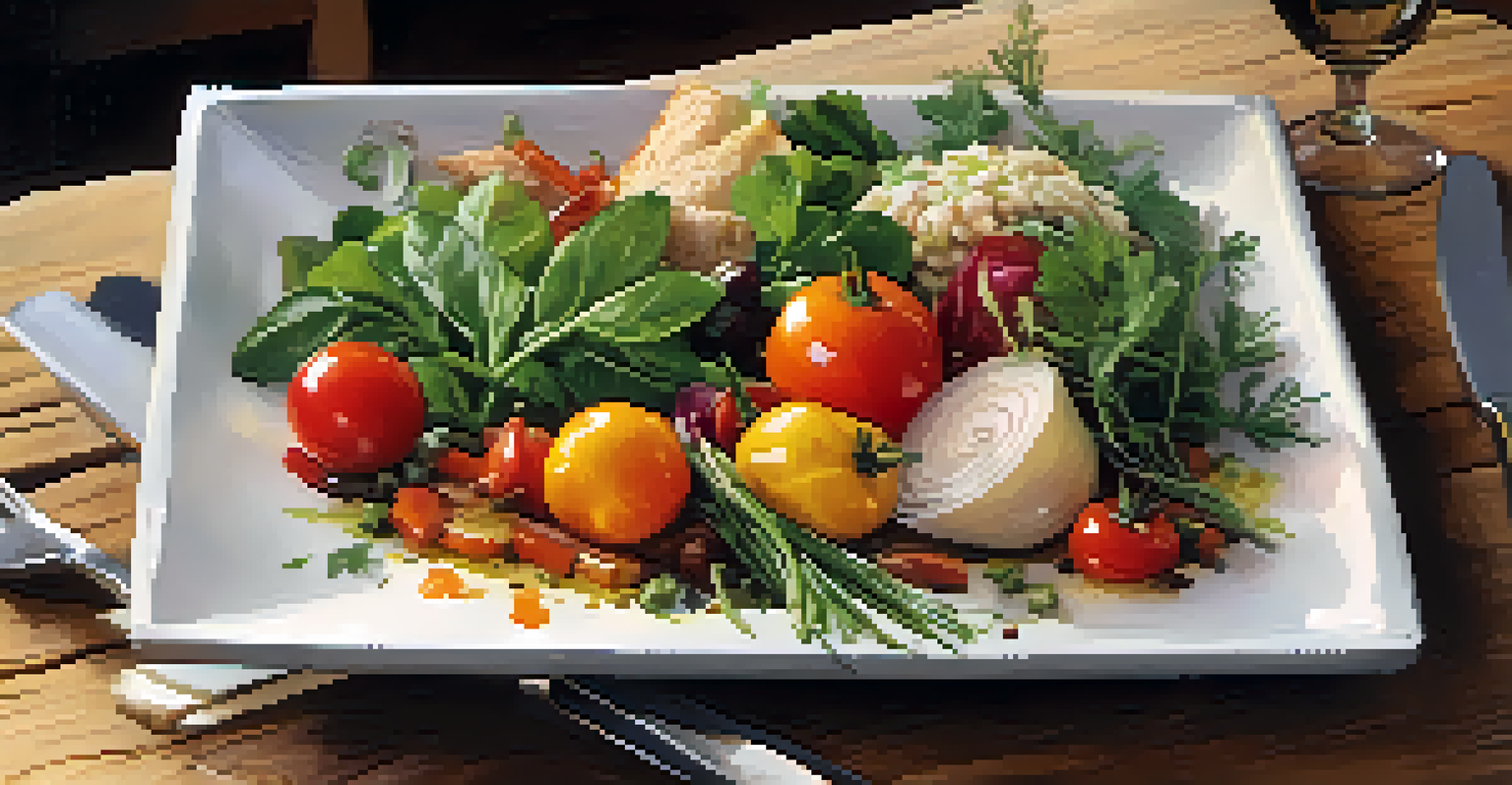 An artistic presentation of a colorful dish with vegetables and herbs on a wooden table, accompanied by a glass of wine, showcasing the results of a cooking class.