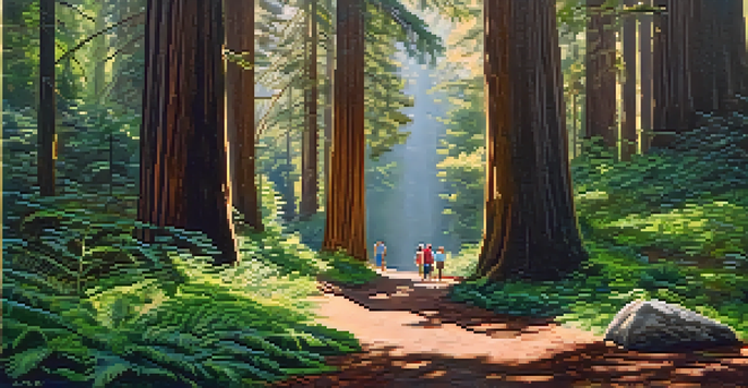 A family hiking on a shaded trail surrounded by tall redwoods and sunlight filtering through the leaves.