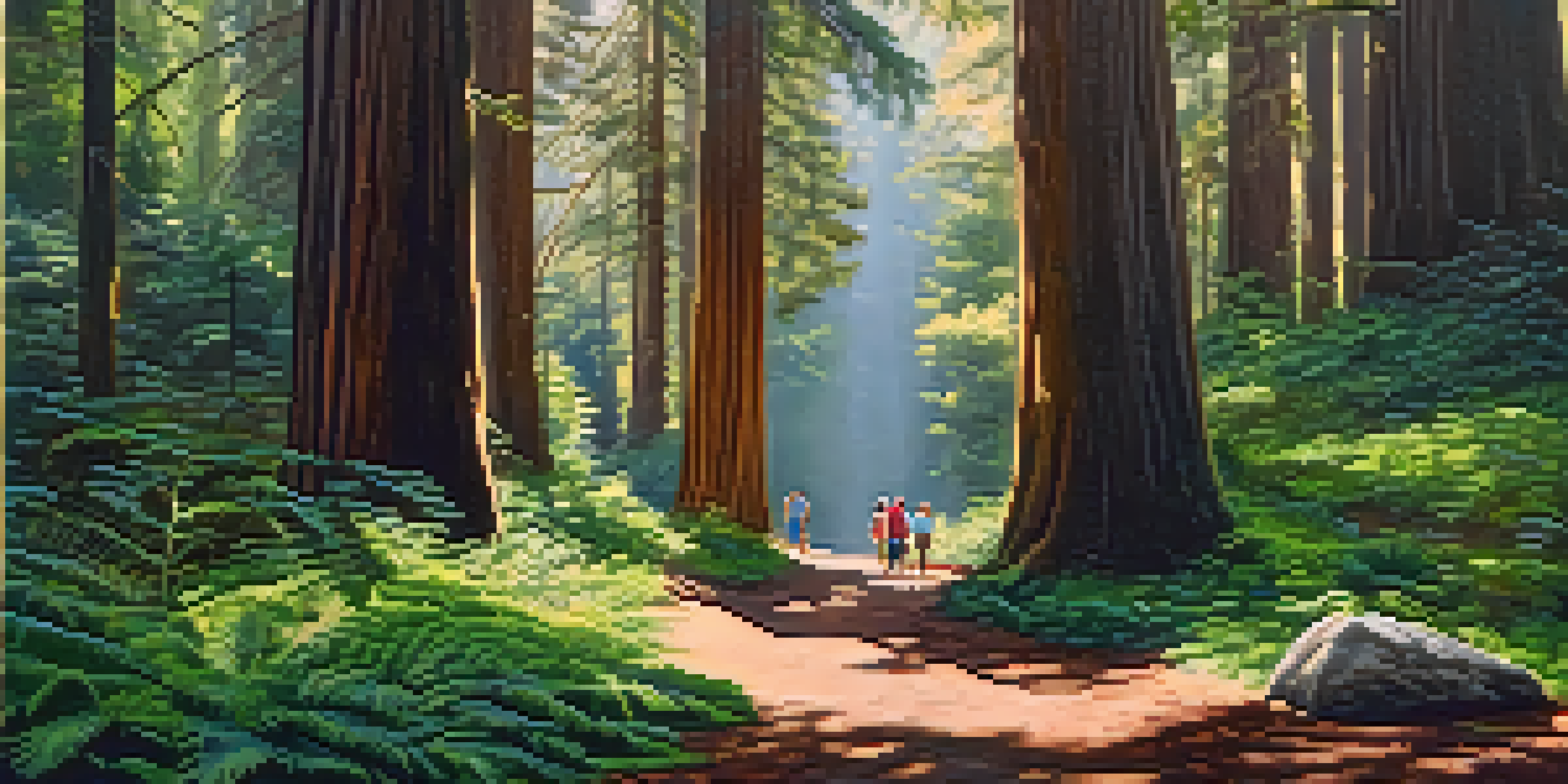 A family hiking on a shaded trail surrounded by tall redwoods and sunlight filtering through the leaves.
