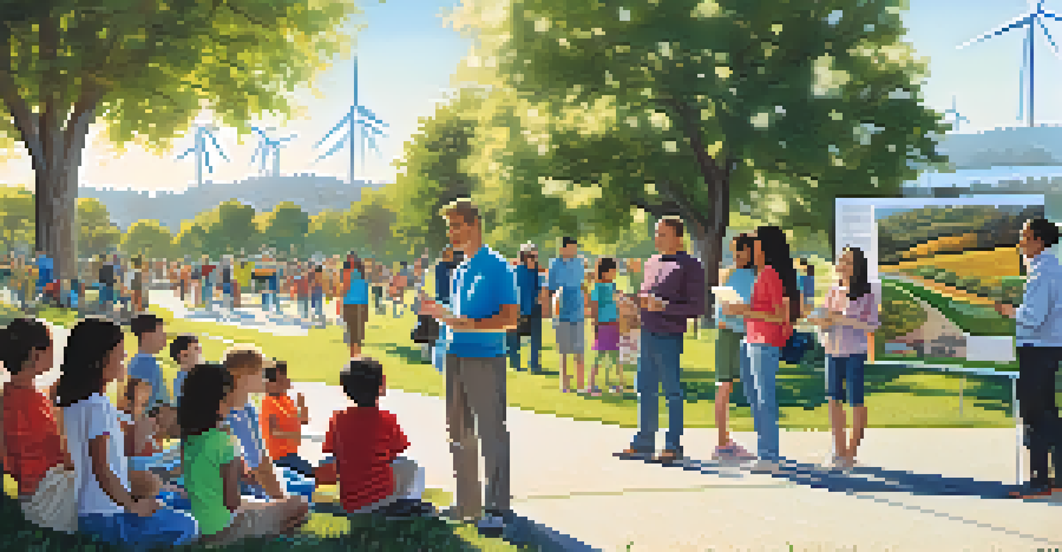 A community event in a park with residents gathered around a wind turbine model, learning about wind energy.