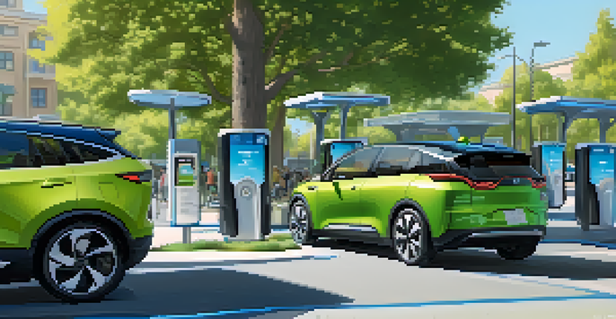 A lively city scene featuring electric vehicles parked at a charging station, surrounded by greenery and pedestrians.