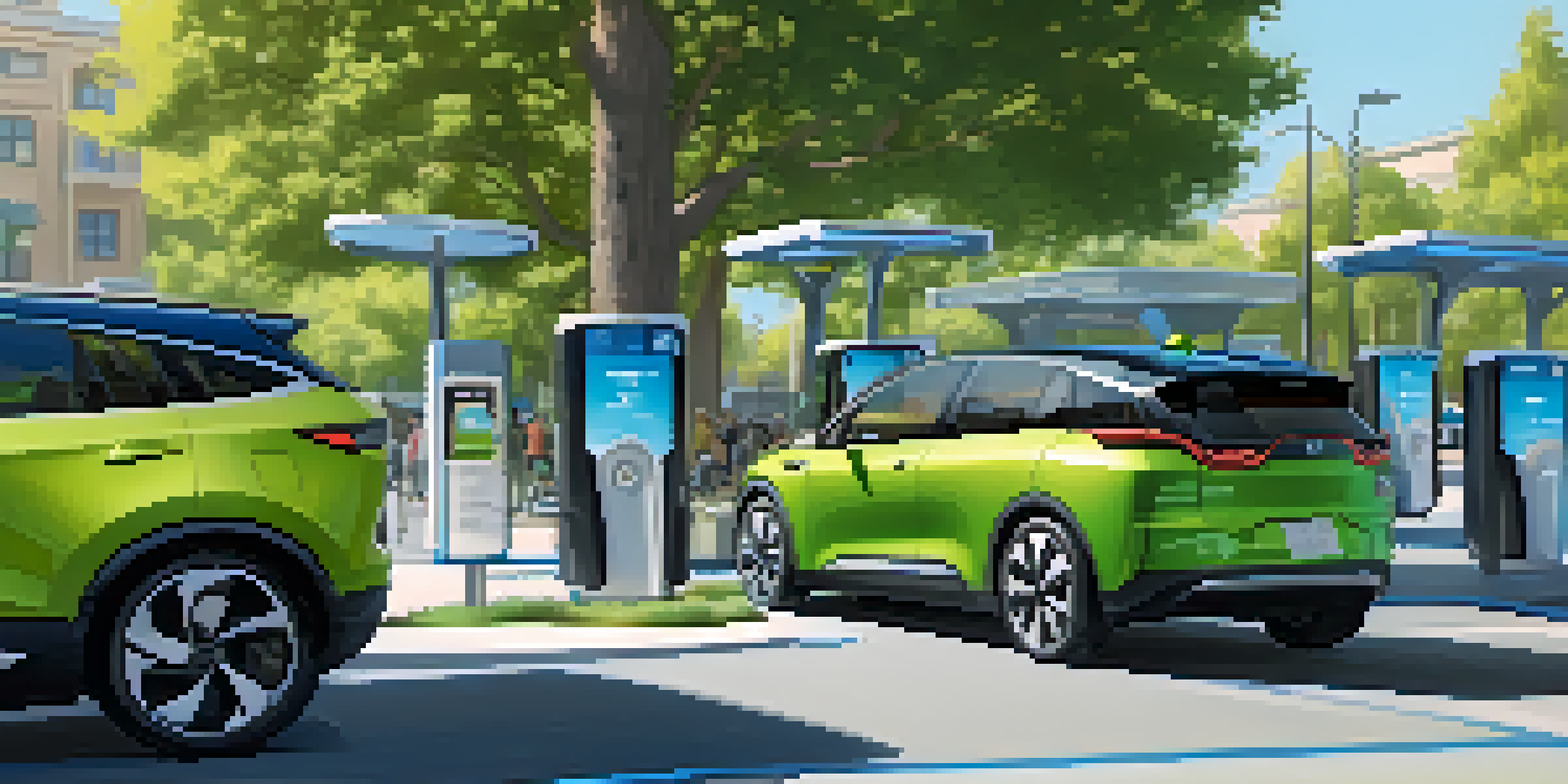 A lively city scene featuring electric vehicles parked at a charging station, surrounded by greenery and pedestrians.