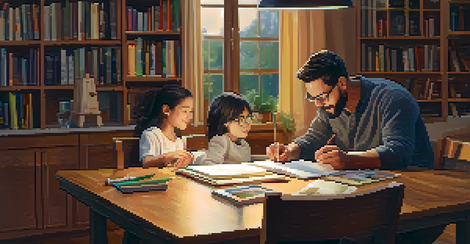 A parent and child collaborating on a project at a dining table, with a laptop and educational materials in a warm, inviting setting.