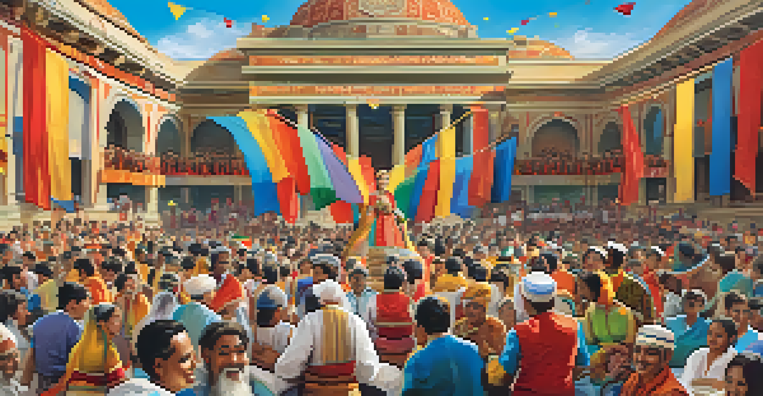 A vibrant cultural festival with performers in traditional attire on stage, a diverse crowd enjoying food and music, and colorful banners in a lively atmosphere.