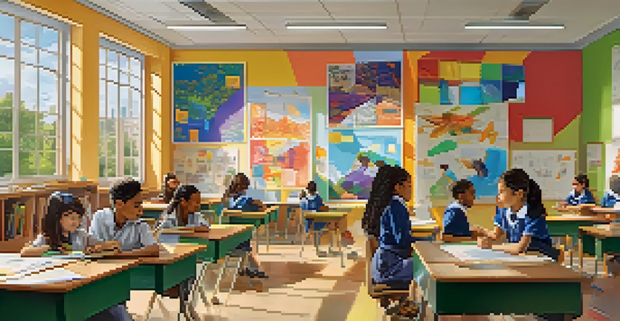 A bright classroom filled with engaged students of different backgrounds collaborating on a science project with a teacher.