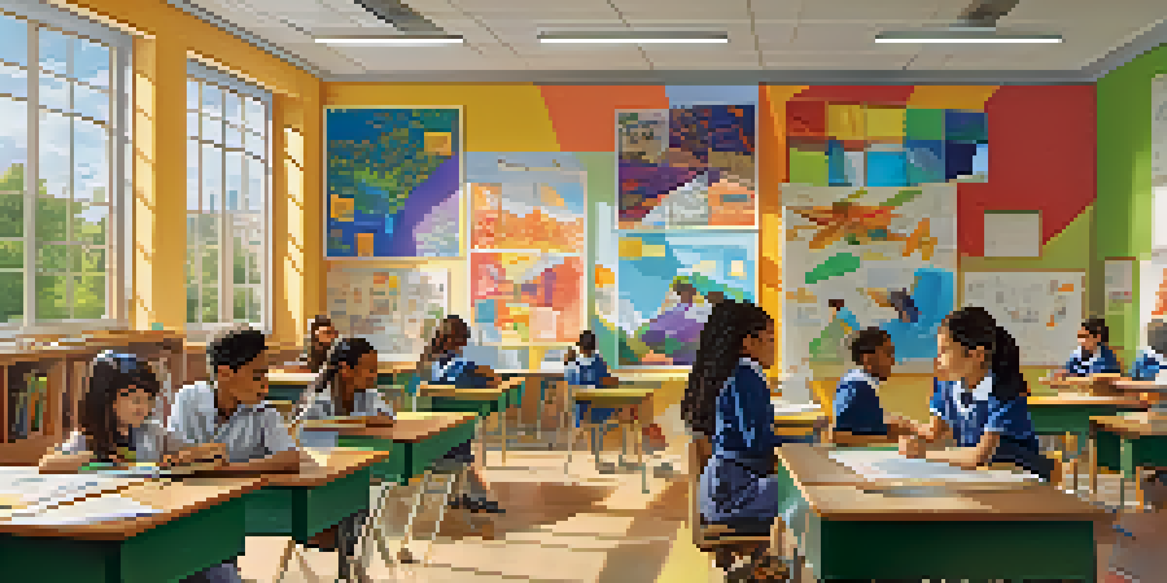 A bright classroom filled with engaged students of different backgrounds collaborating on a science project with a teacher.