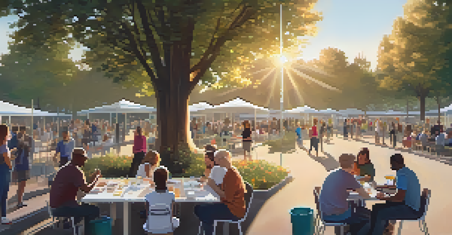 A peaceful park with citizens engaging in a community event, interacting with open data displays under the warm glow of a setting sun.